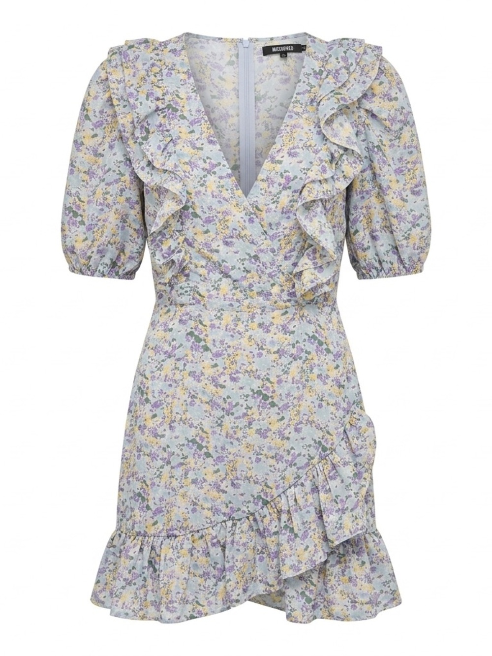 Missguided Pastel Floral Ruffle Wrap-Style Mini Dress in Light Blue and Yellow